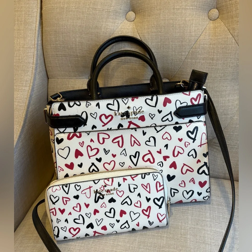 ❤️SOLD!!❤️Kate spade Staci heart printed medium satchel bag & wallet - Picture 1 of 8
